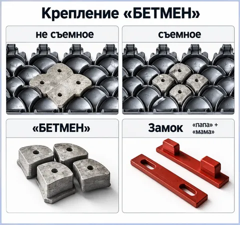 Крепление «Бетмен» для ковров-решёток: несъёмное и съёмное, замок «папа» + «мама»